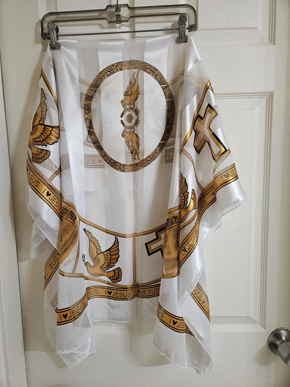 White & Gold Religious Print Satin Scarf - Picture 3 of 12